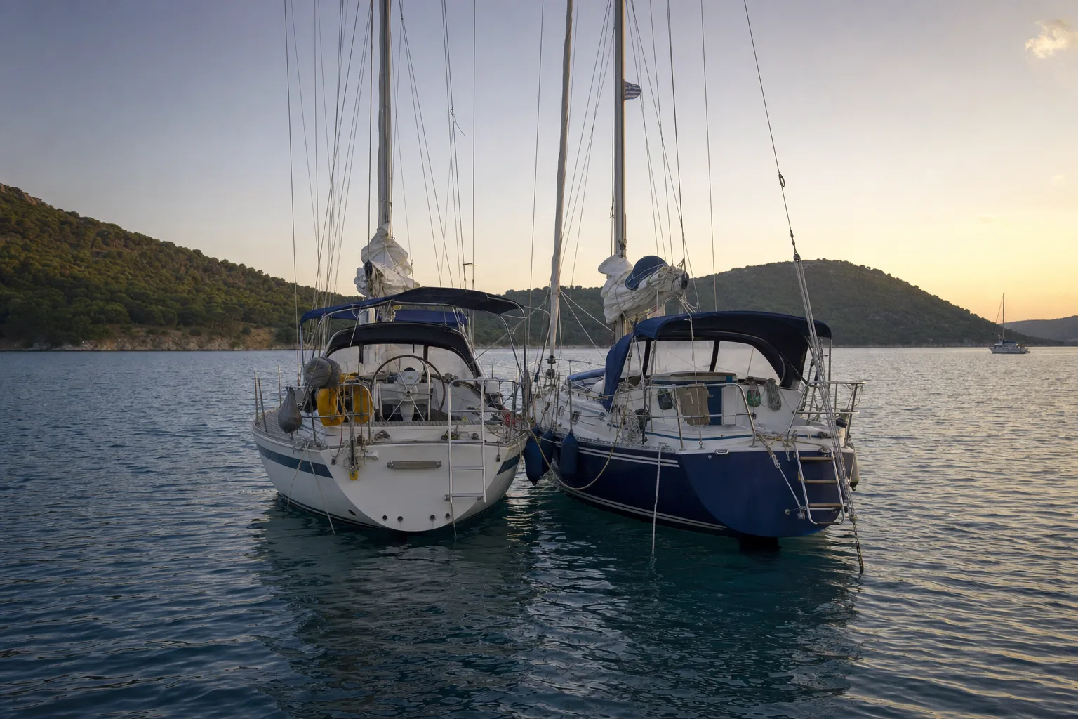 Two sailing boats rafted together at anchor in a quiet bay
